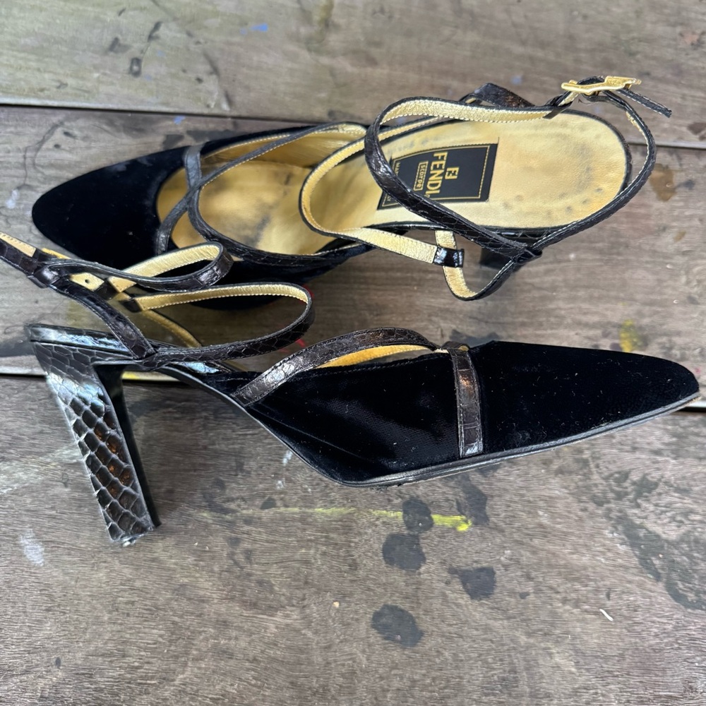 Fendi Black Velvet Cross-Strap Heels - Picture 6 of 9